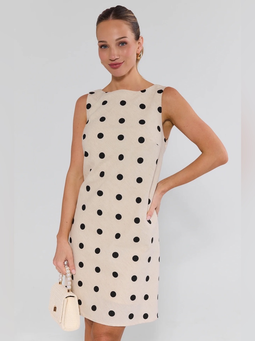 Beige Polka Dot Sleeveless Shift Dress